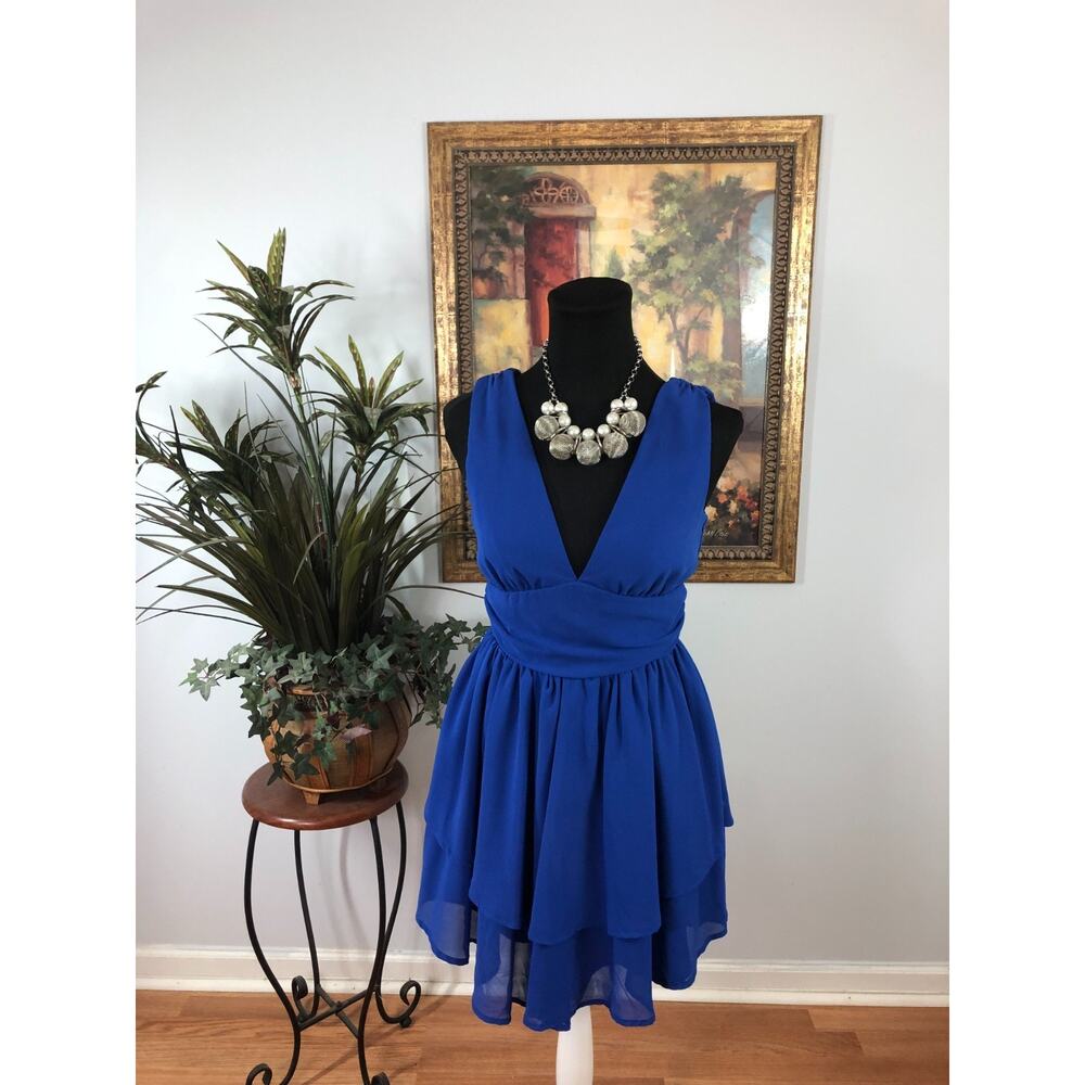 Shein Babydoll Dress Women's XS Blue Solid Two Layer Hem Cottagecore V Neck